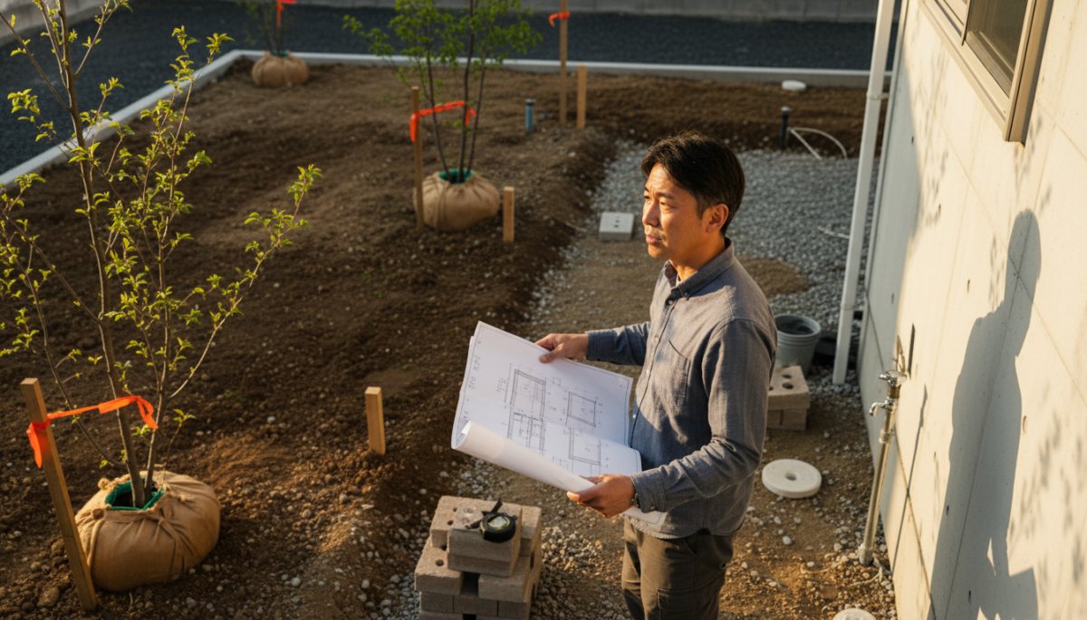 木更津の新築外構で立水栓の配置に悩む様子