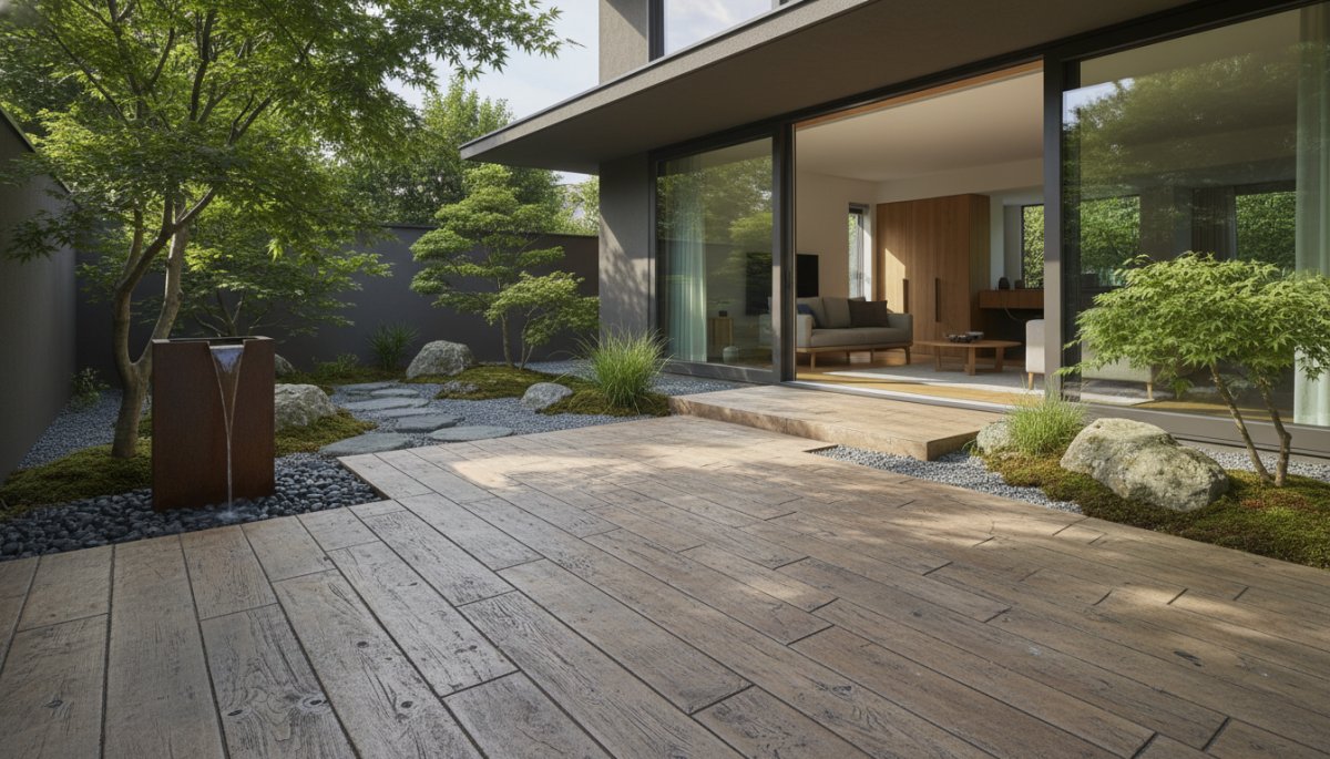 お庭の動線設計、リビングから続くウッドデッキ風スペース